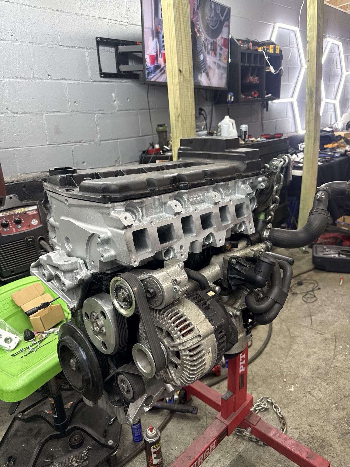 Engine assembly on an engine stand